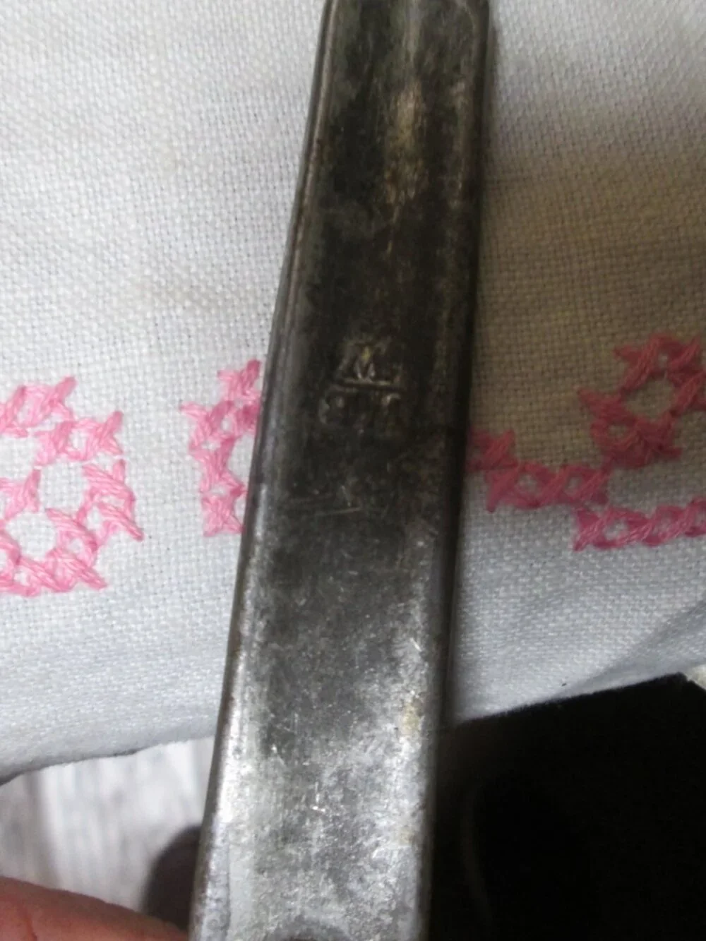 antique cast iron meat kettle fork 3 prong hallmarks signed back 12.5 in